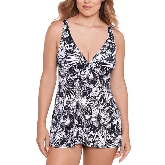 Swim Solutions Floral Print Flyaway Swim Dress size 18 Black/White NWT - Picture 1 of 12